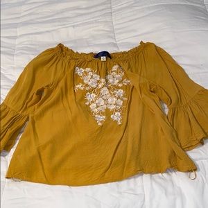 yellow embroidered off the shoulder top!